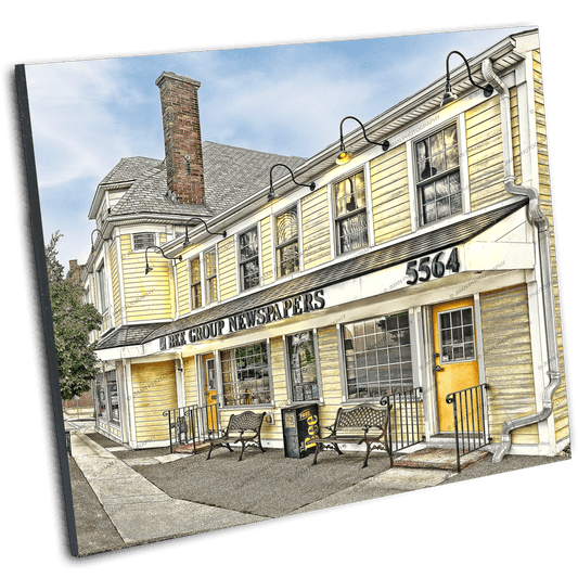 Amherst Bee Print - Bee Newspaper Building in vintage style with angled display. Ideal Buffalo-WNY photo artwork for collectors and local history lovers.