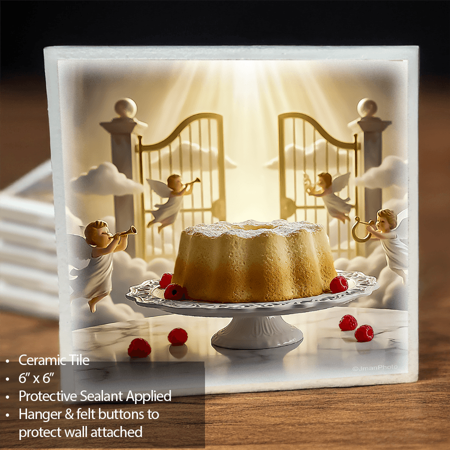 Ceramic Tile Wall Art Trivet - Angel Food Cake design with golden gates and cherubs. Durable 6'x6' kitchen decor tile with protective sealant.
