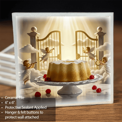Ceramic Tile Wall Art Trivet - Angel Food Cake design with golden gates and cherubs. Durable 6'x6' kitchen decor tile with protective sealant.