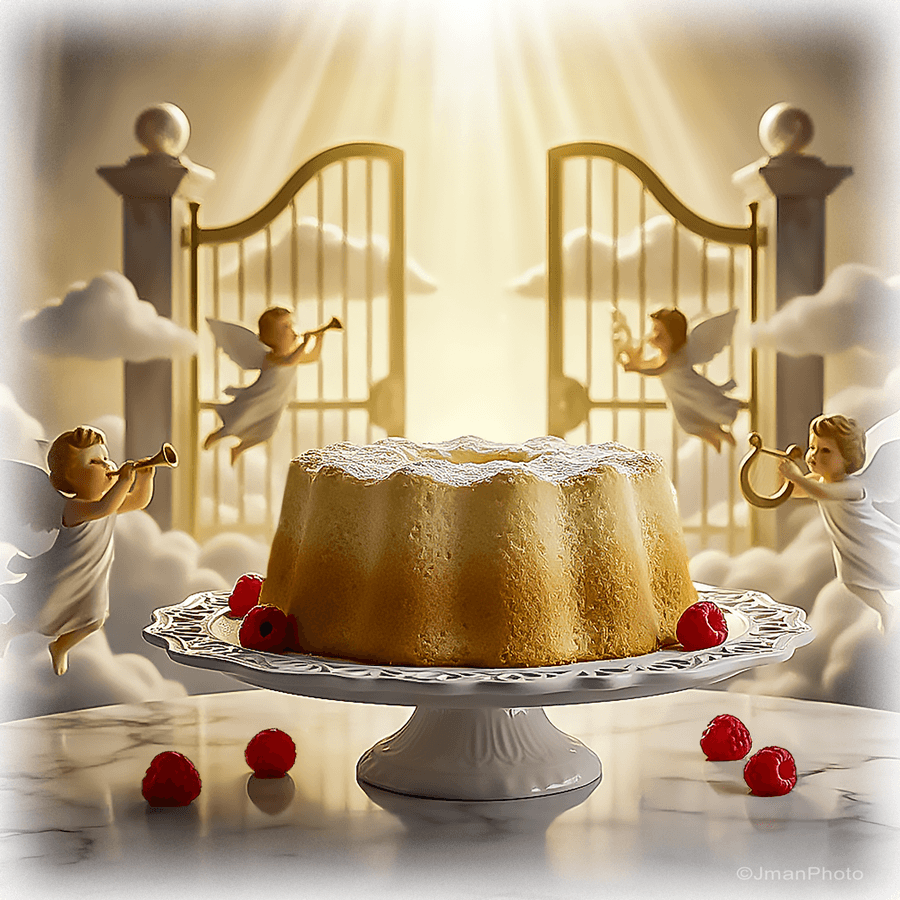 Ceramic tile wall art trivet featuring Angel Food Cake design with cherubs and golden gates in the background. Durable 6'x6' kitchen decor tile.