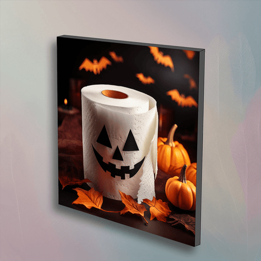 Halloween toilet paper art wall decor with spooky pumpkin face design, mounted on a 6x6 inch panel. Ideal for festive bathroom decoration.