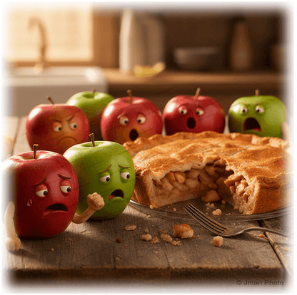 Apple Pie Wall Tile - Humorous Kitchen Art | 6" Decor featuring animated apples reacting to a sliced apple pie on rustic kitchen table.