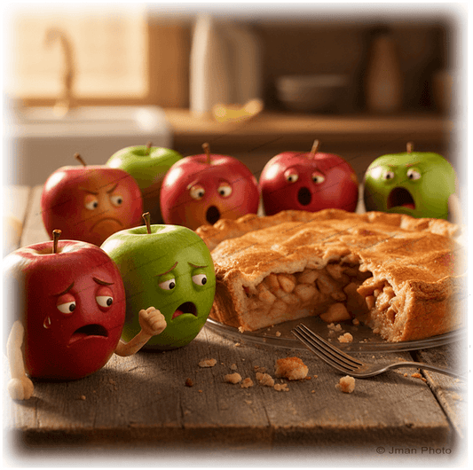 Apple Pie Wall Tile - Humorous Kitchen Art | 6" Decor featuring animated apples reacting to a sliced apple pie on rustic kitchen table.