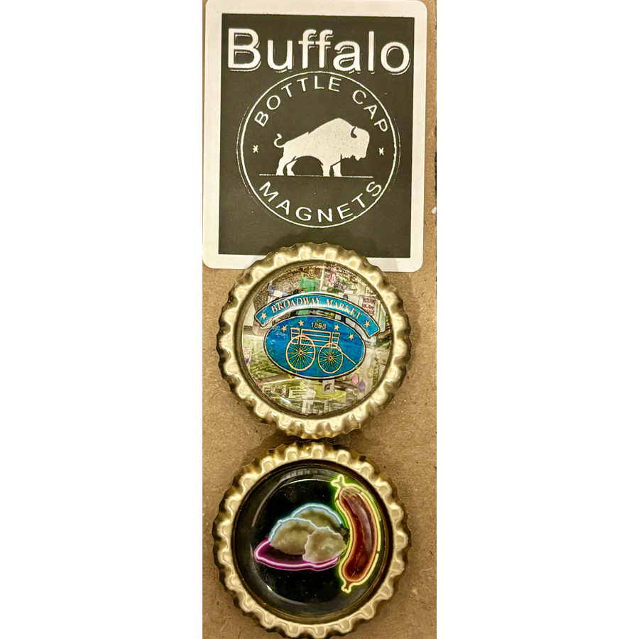 Broadway Market Sign & Pierogi and Sausage - Buffalo Bottle Cap Magnet
