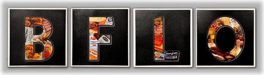 Bflo Flavor Coasters - Buffalo Food Set featuring 22 local delights shaped in letters B-F-L-O with iconic Buffalo foods on ceramic tiles.
