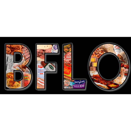 Buffalo Flavor - Buffalo Food Art Print featuring 'BFLO' letters filled with 22 iconic Buffalo foods like wings, sponge candy, and beef on weck.