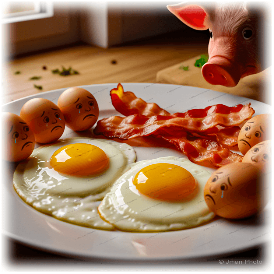 Bacon and Egg Breakfast Art - Humorous Kitchen Wall tile featuring sad-faced eggs and curious pig near bacon and eggs on a plate. Whimsical ceramic decor for kitchen walls.
