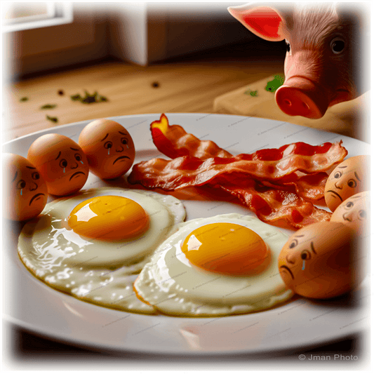 Bacon and Egg Breakfast Art - Humorous Kitchen Wall tile featuring sad-faced eggs and curious pig near bacon and eggs on a plate. Whimsical ceramic decor for kitchen walls.