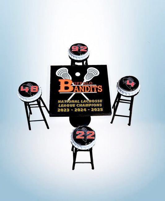 Mini Buffalo Bandits Table Top with 3x3 top and 3 1/4 inch pedestal, includes four numbered stools, ideal for dollhouse sports-themed playsets.