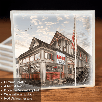 Bar Bill Tavern Coaster - Ceramic Coaster with scratch-resistant sealant, featuring a detailed image of the historic Bar-Bill Tavern in NY.