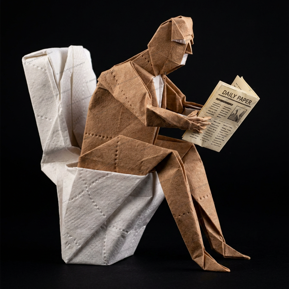 Man sitting on toilet reading newspaper - Origami Bathroom humor image