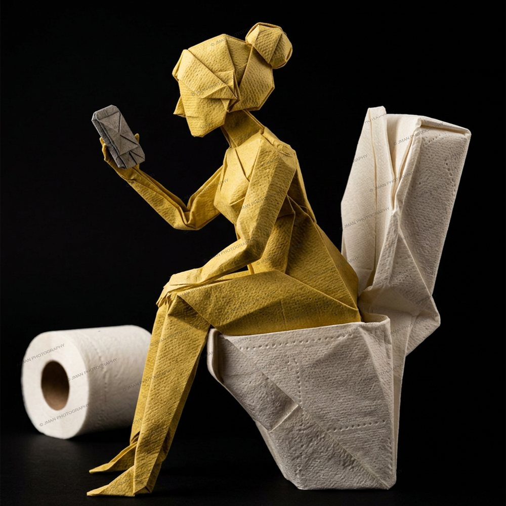 Woman sitting on the toilet talking on the phone - Origami Bathroom humor image