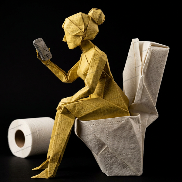 Woman sitting on the toilet talking on the phone - Origami Bathroom humor image