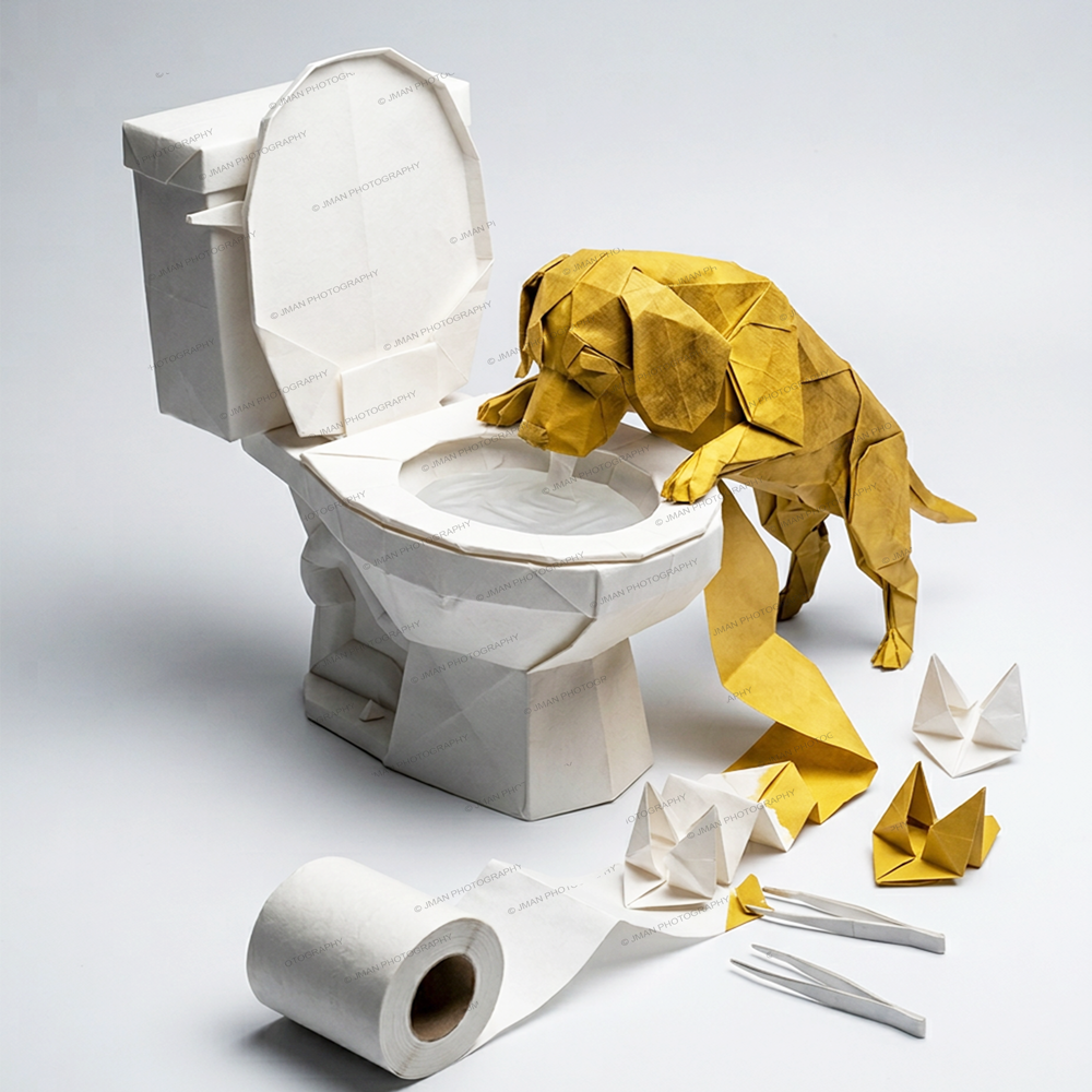 Puppy dog drinking out of the toilet - Origami Bathroom humor image