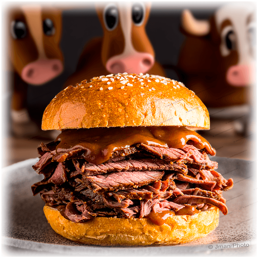 Beef on Weck Art - Humorous wall and table decor featuring a juicy roast beef sandwich on a ceramic tile with cartoon cows in the background.