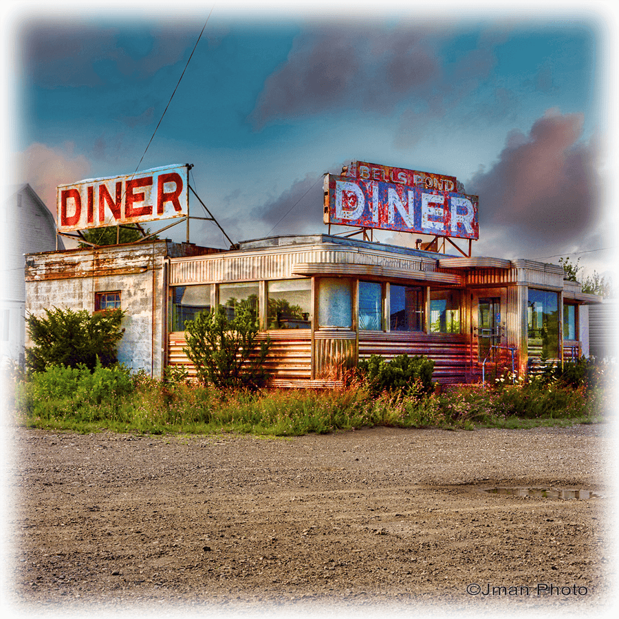 Bells Pond Diner ceramic wall art features a vintage diner with retro signage on a 6x6 tile. Ideal kitchen decor for food lovers and nostalgic spaces.