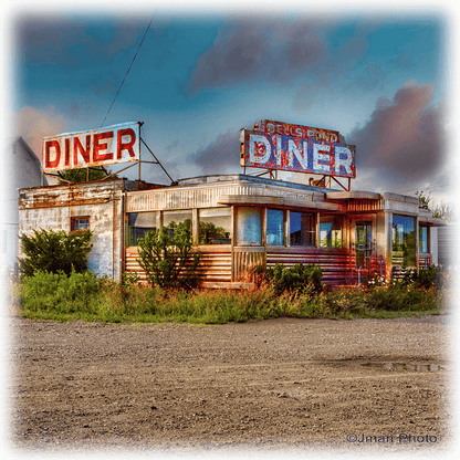 Bells Pond Diner ceramic wall art features a vintage diner with retro signage on a 6x6 tile. Ideal kitchen decor for food lovers and nostalgic spaces.