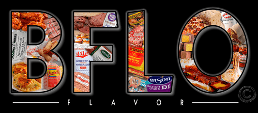 Buffalo Flavor - Buffalo Food Art Print featuring iconic WNY dishes and local brands in bold BFLO typography. Vibrant culinary wall art for home decor.