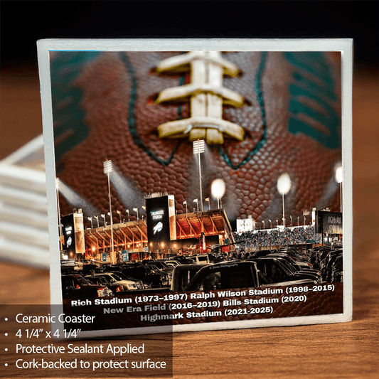 Highmark Stadium Nighttime Coaster featuring a vivid stadium photo with protective sealant and cork backing. Ideal Buffalo coaster for barware decor.