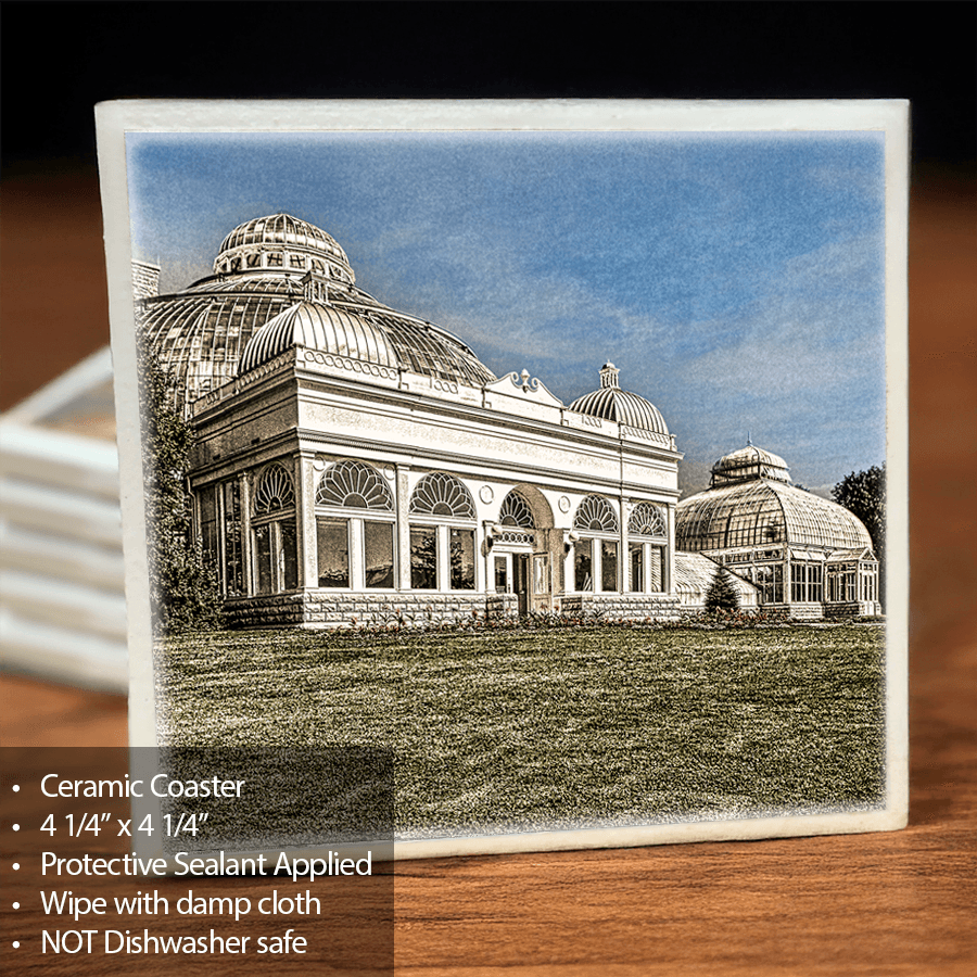Botanical Gardens Ceramic Coaster with detailed Jman Photography image, 4 1/4" square with protective sealant and cork backing for durability.