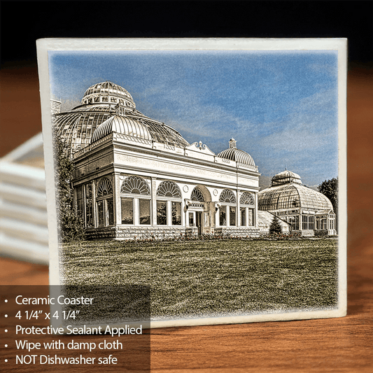 Botanical Gardens Ceramic Coaster with detailed Jman Photography image, 4 1/4" square with protective sealant and cork backing for durability.