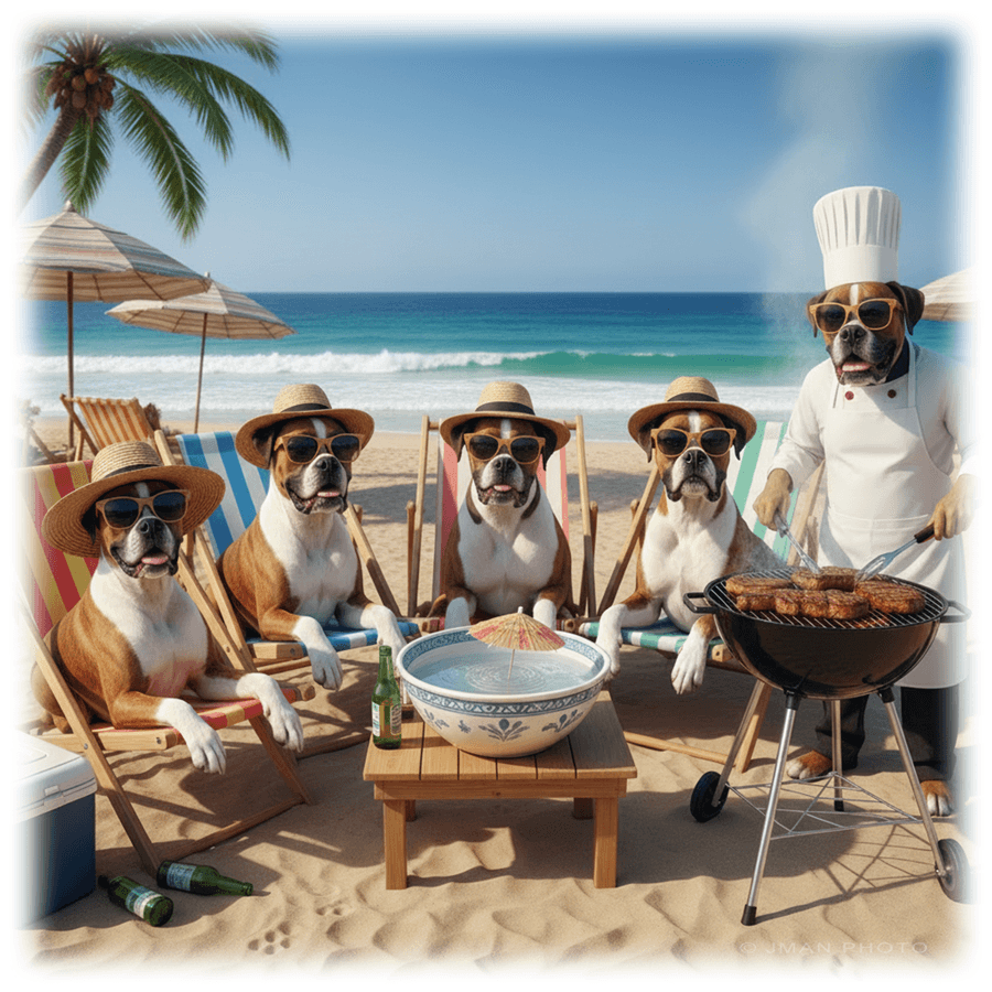 Boxers grilling on the beach - Funny  Art:Ceramic Coaster, Ceramic Wall TIle, Ceramic Trivet, Print