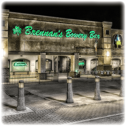 Close-up of Brennan's Bowery Bar Coaster showing detailed night photography of the bar's facade, ideal for Buffalo-themed home bar decor.