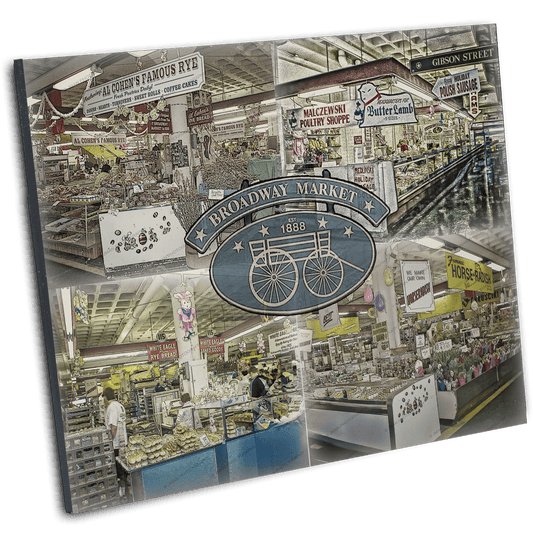 Angled view of Broadway Market | Buffalo Photos | Historic Collage print showcasing iconic vendors and signage in a vintage-style artwork.