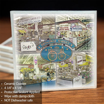Broadway Market Ceramic Coaster featuring vintage Buffalo market scenes with protective sealant and cork backing for scratch-free use.