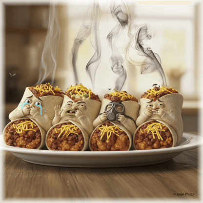 Funny ceramic kitchen wall art showing steaming burritos with cartoon faces, ideal for whimsical home and garden decorative plaques.