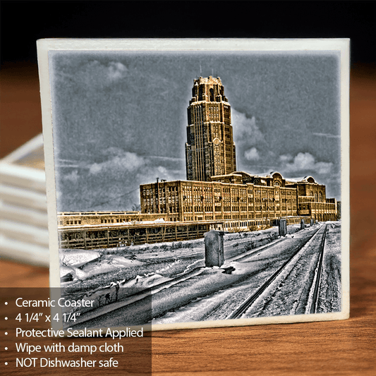Ceramic Coaster - Central Terminal features a winter photograph of Buffalo's historic landmark with scratch-resistant finish and cork backing.