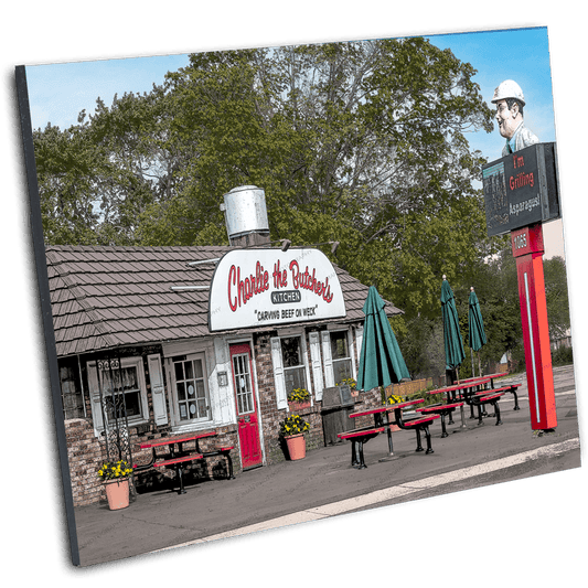 Angled view of Charlie the Butcher - Roast Beef Photography | Wall Art print, showcasing vibrant restaurant scene perfect for Buffalo-themed home decor.