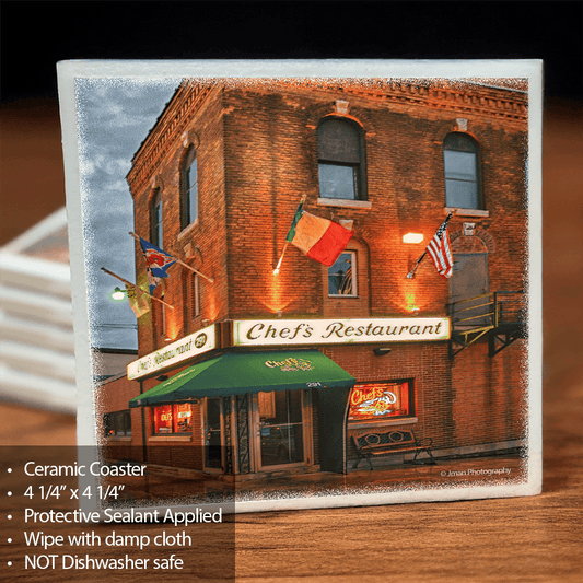 Ceramic coaster featuring Chef's Italian Restaurant image, 4.25 x 4.25 inches, ideal for home decor and protecting surfaces with cork backing.