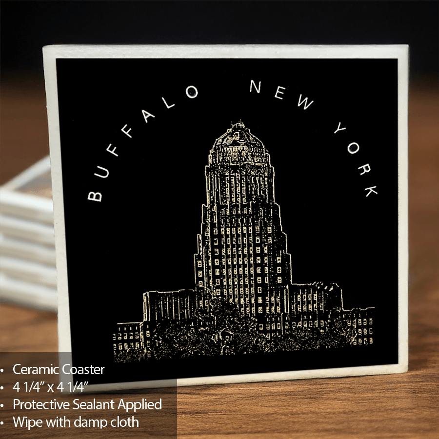 Buffalo City Hall Coaster by Jman features a detailed line drawing of the iconic Buffalo landmark on a black ceramic surface. Ideal for home barware.