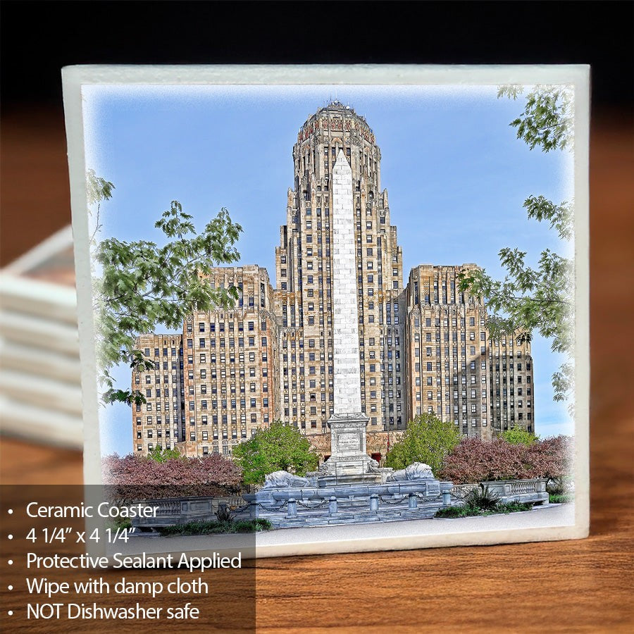City Hall Ceramic Coaster featuring Mckinley Monument with protective sealant and vivid Buffalo architecture print, ideal for home bar decor.