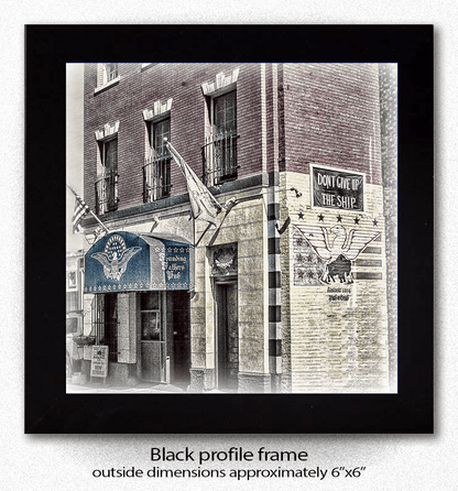 Founding Fathers Coaster - Ceramic Home Decor featuring a vintage-style photo of the Founding Fathers Pub with patriotic flags and signage. Durable and stylish ceramic coaster ideal for protecting surfaces in barware settings.