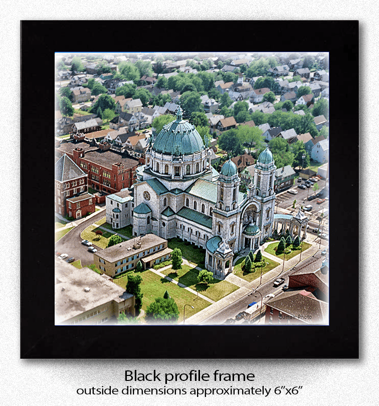 OLV Basilica Coaster - Ceramic Home Decor featuring aerial photo of historic Buffalo landmark in black profile frame, approx. 6x6 inches.