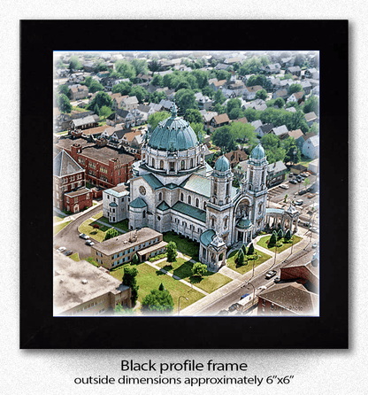 OLV Basilica Coaster - Ceramic Home Decor featuring aerial photo of historic Buffalo landmark in black profile frame, approx. 6x6 inches.