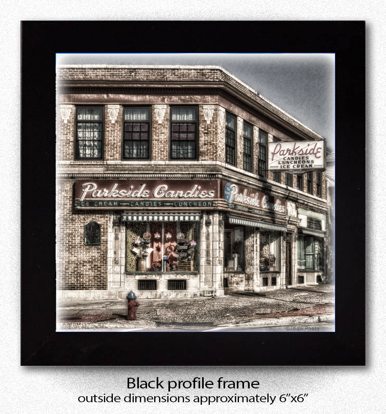 Parkside Candies Coaster - Ceramic Home Decor featuring a vintage photo of Buffalo's Parkside Candies building in a black 6x6 profile frame.
