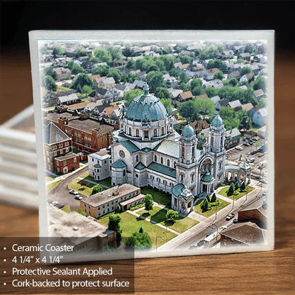 OLV Basilica Coaster - Ceramic Home Decor featuring aerial photo of Buffalo landmark with cork backing and protective sealant for durability.