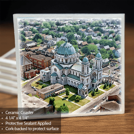 OLV Basilica Coaster - Ceramic Home Decor featuring aerial photo of Buffalo landmark with cork backing and protective sealant for durability.