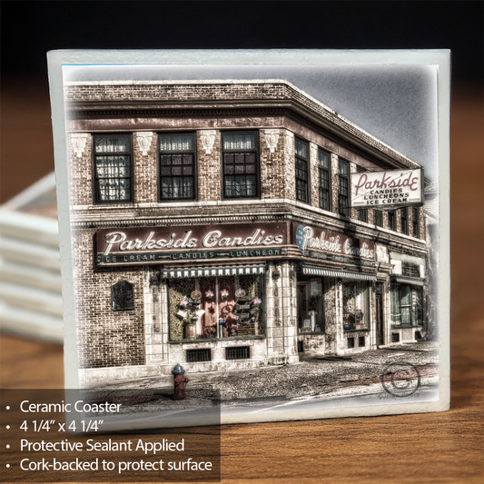 Parkside Candies Coaster - Ceramic Home Decor featuring a vintage Buffalo landmark. Durable, cork-backed and sealed for surface protection.