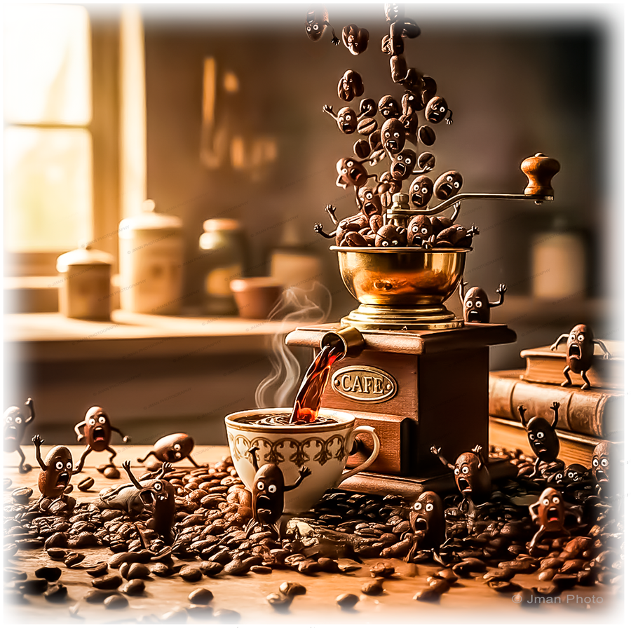 Coffee Grinder Beans Art - Funny Decor Tile shows animated coffee beans jumping into a vintage grinder, pouring into a steaming cup in a cozy kitchen.