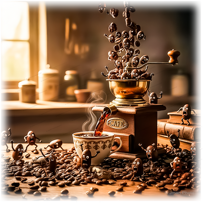 Coffee Grinder Beans Art - Funny Decor Tile shows animated coffee beans jumping into a vintage grinder, pouring into a steaming cup in a cozy kitchen.
