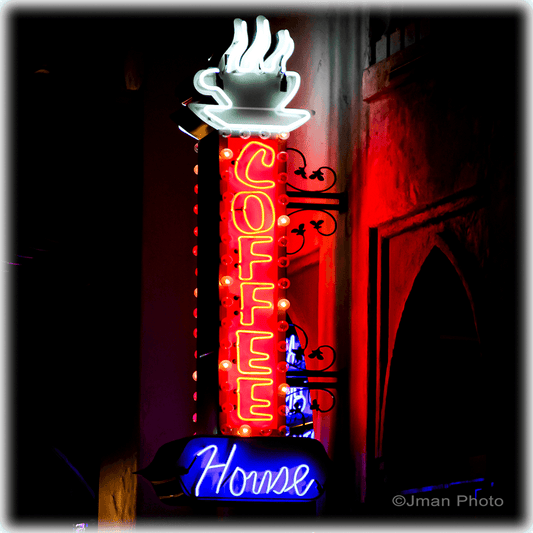 Coffee House Neon Sign ceramic wall art trivet with vibrant red and blue lights, ideal for kitchen decor or use as a durable coaster.