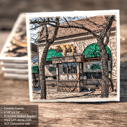 Coles Ceramic Coaster featuring Coles Bar facade with green awnings and buffalo statue, ideal for home decor and scratch-free surface.