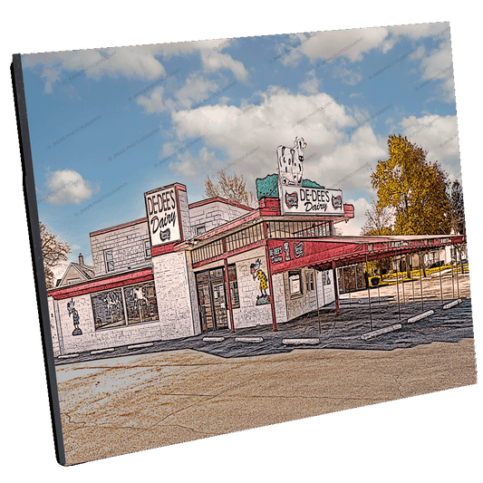 DEDEE's Dairy Ice Cream stand in Buffalo NY with retro signage and cow statue, featured in large wall art print for home or garden decor.