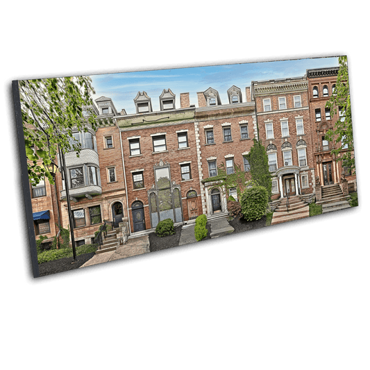 Angled view of Midway Row Houses - Buffalo images print, highlighting unique architectural details in a vibrant, nostalgic streetscape.