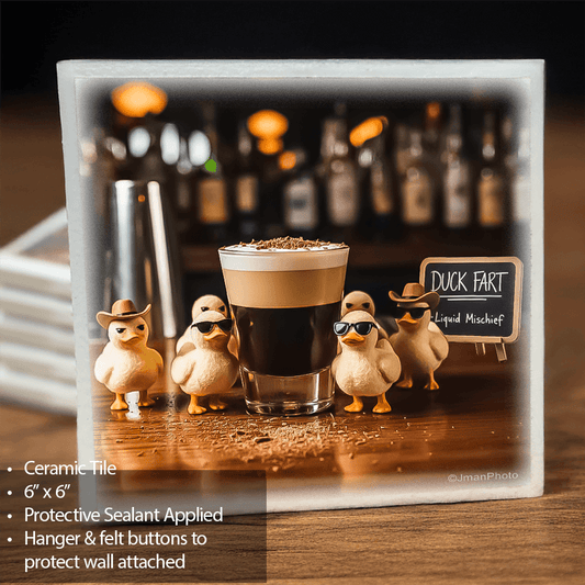 Duck Fart drink ceramic tile wall art trivet featuring a layered cocktail with five duck figurines in sunglasses at a bar. Durable and versatile decor for home or bar.