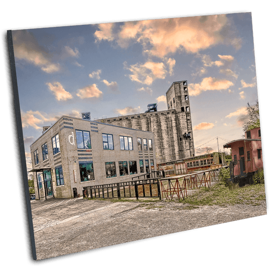 Wall art print of Duende Bar Photo - Buffalo by Jman Photography, showcasing the iconic Silo City landmark under a colorful sky.